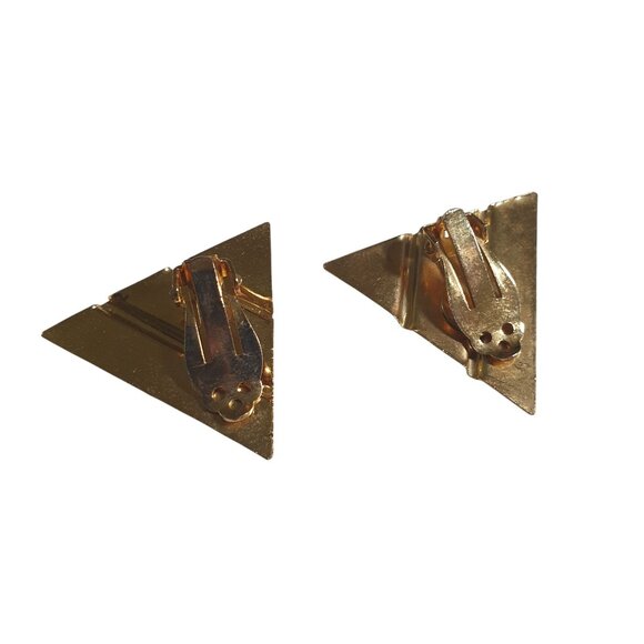 Vintage Geometric Purple Fuchsia Clip On Earrings Triangular Gold Tone Jewelry - Picture 3 of 4